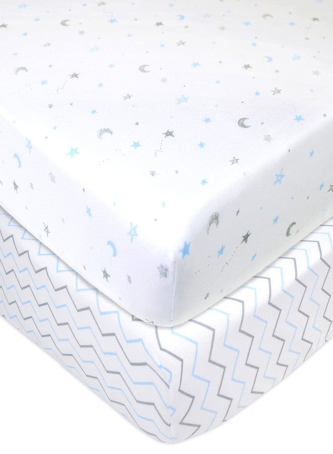 TL Care 2 Pack 100% Natural Cotton Fitted Crib Sheets 52" x 28" - Soft, Breathable, Hypoallergenic & Gentle Toddler Bed Sheets, Blue Stars/Zigzag, Neutral for Boys & Girls - Image 1