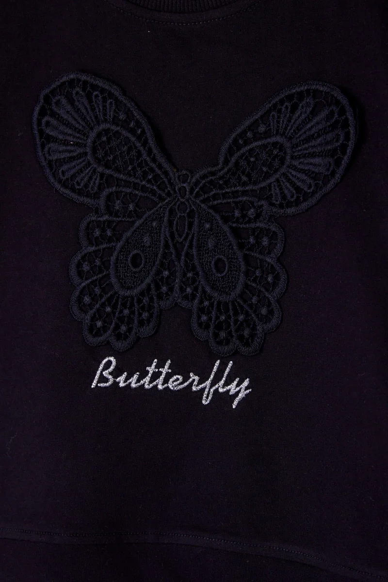 Tofisa Girls Black Butterfly Embroidered Sweatshirt - 26106