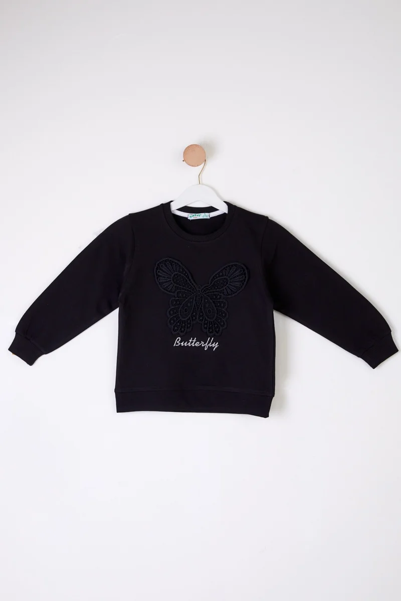 Tofisa Girls Black Butterfly Embroidered Sweatshirt - 26106
