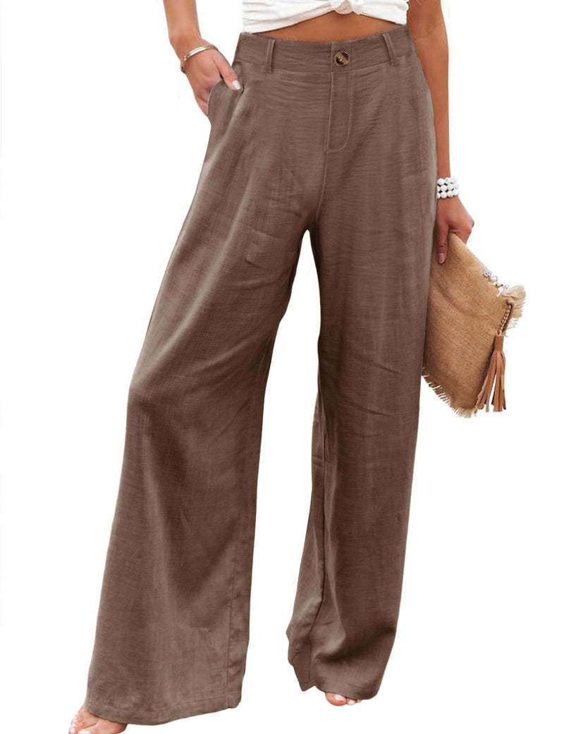 Hooever Womens Cotton Linen Pants Casual Button Up High Waisted Wide Leg Trousers(Brown-Large) - Image 1