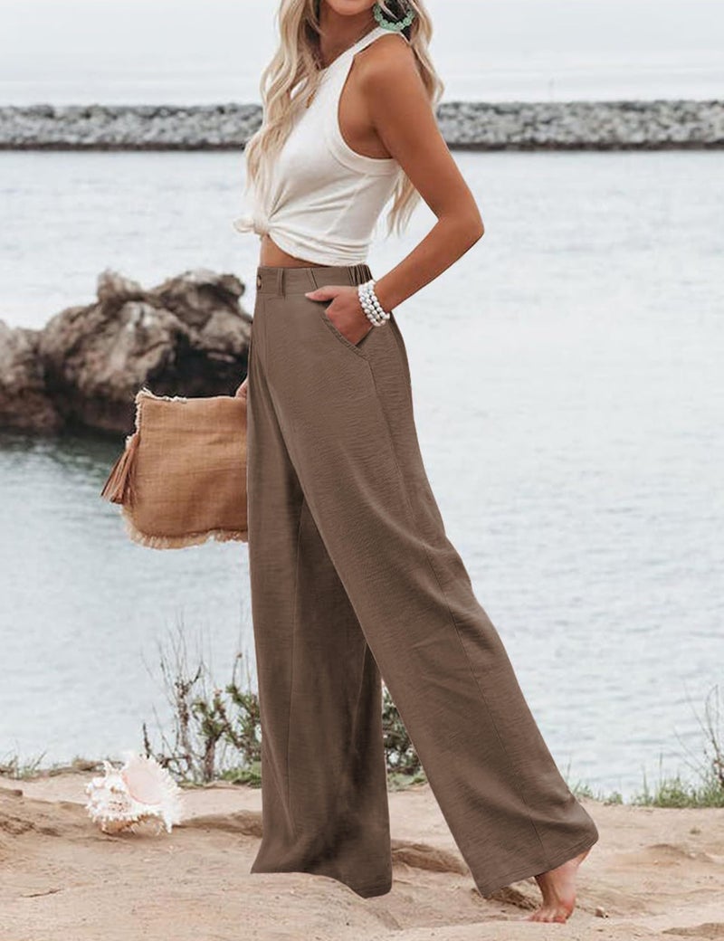 Hooever Womens Cotton Linen Pants Casual Button Up High Waisted Wide Leg Trousers(Brown-Large) - Image 2