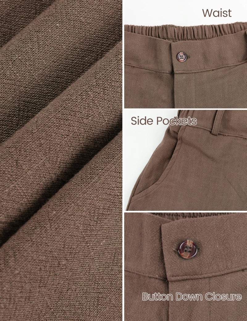 Hooever Womens Cotton Linen Pants Casual Button Up High Waisted Wide Leg Trousers(Brown-Large) - Image 4
