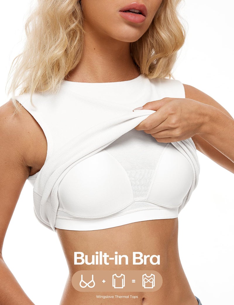 Wingslove Tank Top with Built in Bra for Women Shelf Bra Workout Tank Tops for Spring and Autumn Basics Sleeveless Garment Coconut White M - Image 3