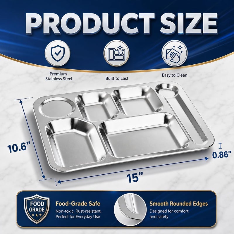 Fasmov 4 Pack Stainless Steel Rectangular Divided Dinner Tray, 6 Sections Stainless steel Metal Plate for Adults, Picky Eaters, Campers, and Portion Control - Image 2