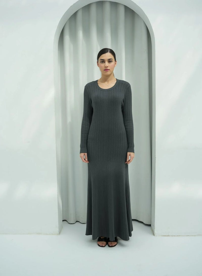Andy 2329 | Women's Premium Ribbed Knit Maxi Dress – Long-Sleeve Bodycon Design with Scoop Neckline | Elegant and Comfortable Full-Length Outfit for Everyday Wear and Special Occasions | Dark Grey