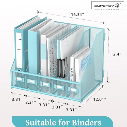 SUPEASY Desk Organizers Metal Desk Magazine File Holder with 5 Vertical Compartments Rack File Organizer for Office Desktop, Home Workspace, Blue Plus - Image 3
