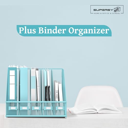 SUPEASY Desk Organizers Metal Desk Magazine File Holder with 5 Vertical Compartments Rack File Organizer for Office Desktop, Home Workspace, Blue Plus - Image 2