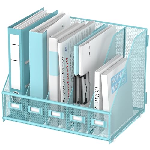 SUPEASY Desk Organizers Metal Desk Magazine File Holder with 5 Vertical Compartments Rack File Organizer for Office Desktop, Home Workspace, Blue Plus - Image 1