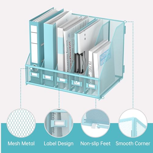 SUPEASY Desk Organizers Metal Desk Magazine File Holder with 5 Vertical Compartments Rack File Organizer for Office Desktop, Home Workspace, Blue Plus - Image 4