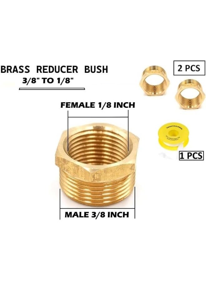 Biella Pack Of 2 Brass Reducer Bsp Male Thread To Female Thread Reducing Bush Hex Reducer Bushing Hose Pipe Fitting Connector Adapter And Teflon Tape (3/8 Inch To 1/8 Inch)  - Image 2