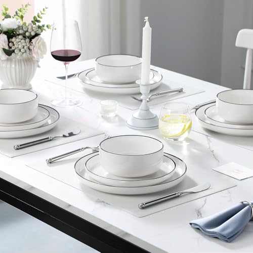 MALACASA Plates and Bowls Sets, 12 Pieces Modern Porcelain Dinnerware Set for 4 White Kitchen Dinner Dining Ware Set wtih Black Rim Ceramic Dishware Dishes Microwave and Dishwasher Safe, Series LUNA - Image 5
