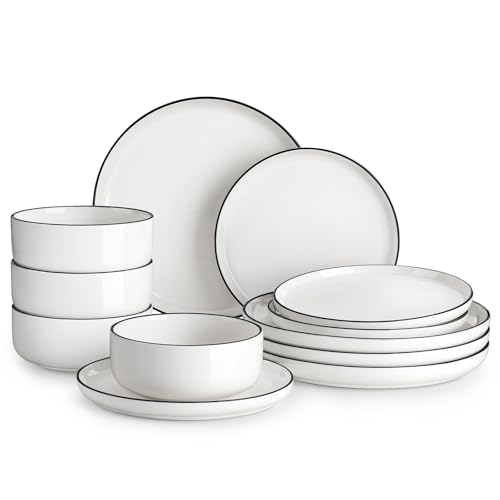 MALACASA Plates and Bowls Sets, 12 Pieces Modern Porcelain Dinnerware Set for 4 White Kitchen Dinner Dining Ware Set wtih Black Rim Ceramic Dishware Dishes Microwave and Dishwasher Safe, Series LUNA - Image 1