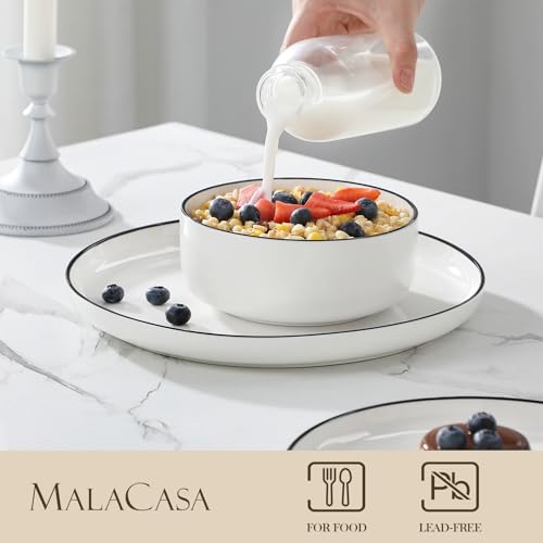 MALACASA Plates and Bowls Sets, 12 Pieces Modern Porcelain Dinnerware Set for 4 White Kitchen Dinner Dining Ware Set wtih Black Rim Ceramic Dishware Dishes Microwave and Dishwasher Safe, Series LUNA - Image 3