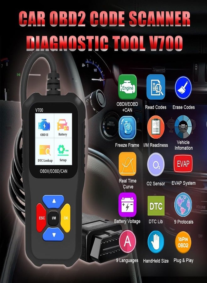 iKiKin Car Code Scanner, OBD2 Car Code Reader V700 Check Engine Light Fault Code Reader Scanner CAN Automotive Diagnostic Tool for OBDII Cars Since 1996 - Image 2