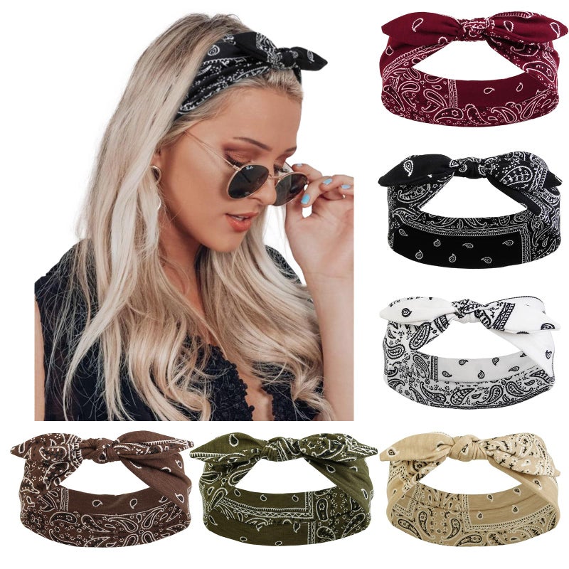 AIBFRID 6 Packs Bow Headbands for Women Girls Boho Bandana Headband Paisley Printed Head Bands for Womens Hair Non Slip Cute Knotted Womens Hairbands Head Wraps Turban Hair Accessories - Image 2