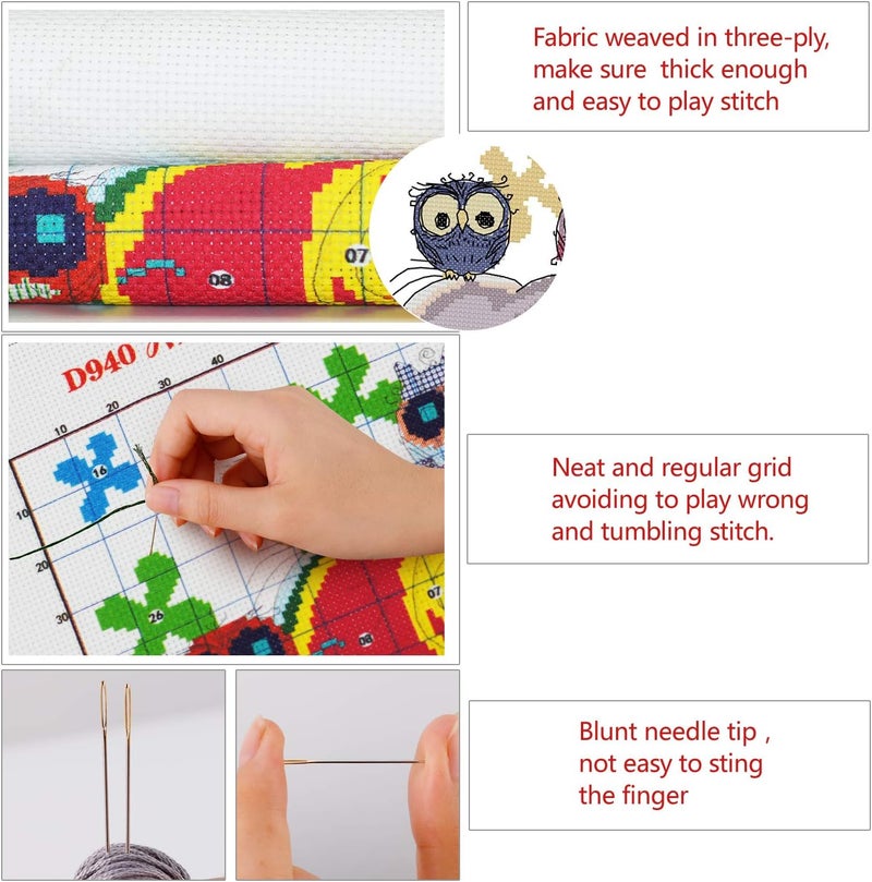 ITSTITCH Printed Cross Stitch Kits 11CT 15X15inch DIY Embroidery Starter Kits Easy Patterns Embroidery for Girls Crafts DMC Stamped Cross-Stitch Supplies Needlework Elephant and Owls - Image 3