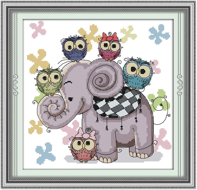 ITSTITCH Printed Cross Stitch Kits 11CT 15X15inch DIY Embroidery Starter Kits Easy Patterns Embroidery for Girls Crafts DMC Stamped Cross-Stitch Supplies Needlework Elephant and Owls - Image 1