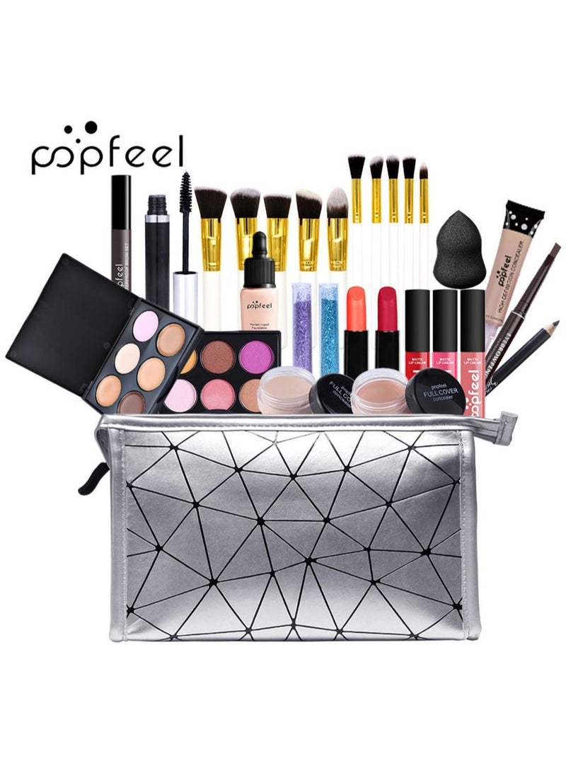 popfeel طقم مكياج شامل متعدد الاستخدامات مجموعة مكياج احترافية مصممة للنساء طقم مكياج كامل ضروري لمبتدئين ومحترفين 29 قطعة - Image 2