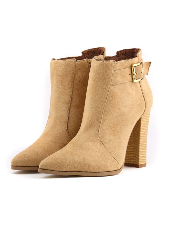 Loquat Autumn/Winter Goose Down Fabric Mid-Shaft Block Heel Combat Boots 11cm Apricot  - Image 1