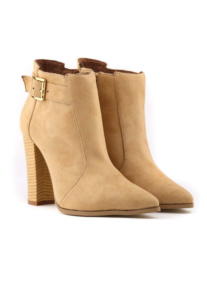 Loquat Autumn/Winter Goose Down Fabric Mid-Shaft Block Heel Combat Boots 11cm Apricot  - Image 2