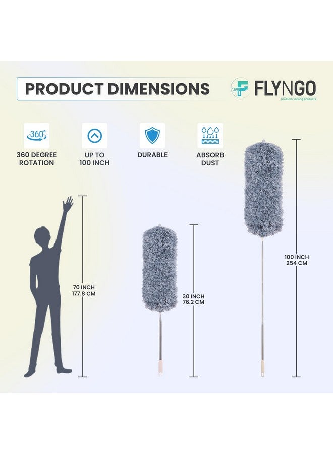 FLYNGO منظف الريش ميكروفايبر القابل للانحناء والتمديد من FLYNGO مع مقبض عمود قابل للتوسيع بطول 100 بوصة ومنظف قابل للغسل لمراوح السقف العالية، الستائر، الأثاث (رمادي) - Image 2