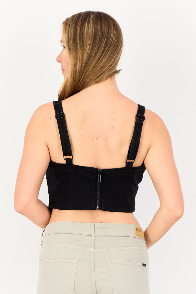 Mohito Women Sweatheart Neck Sleeveless Embellished Denim Top, Black - Image 4