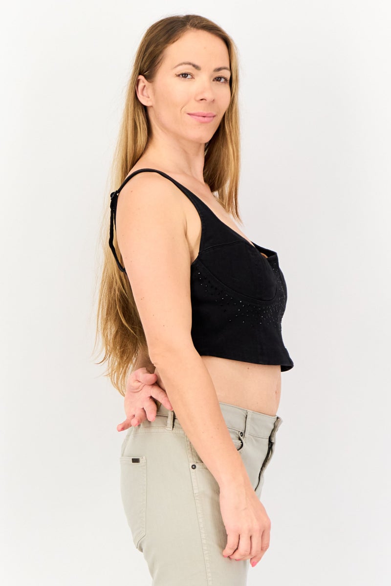 Mohito Women Sweatheart Neck Sleeveless Embellished Denim Top, Black - Image 3