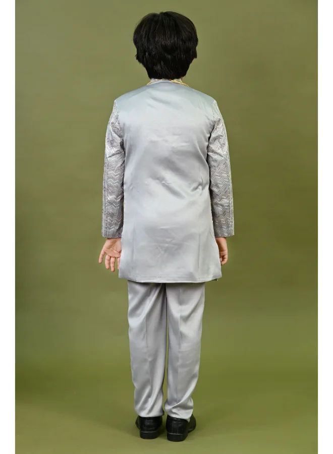 BT DEZINES Grey Satin Sherwani Set for Boys