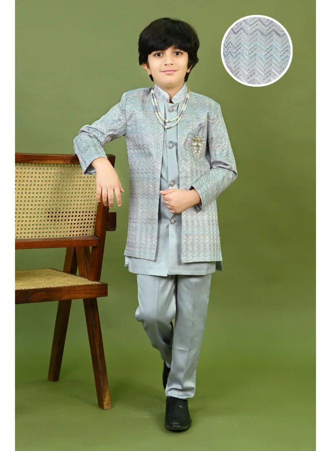 BT DEZINES Grey Satin Sherwani Set for Boys