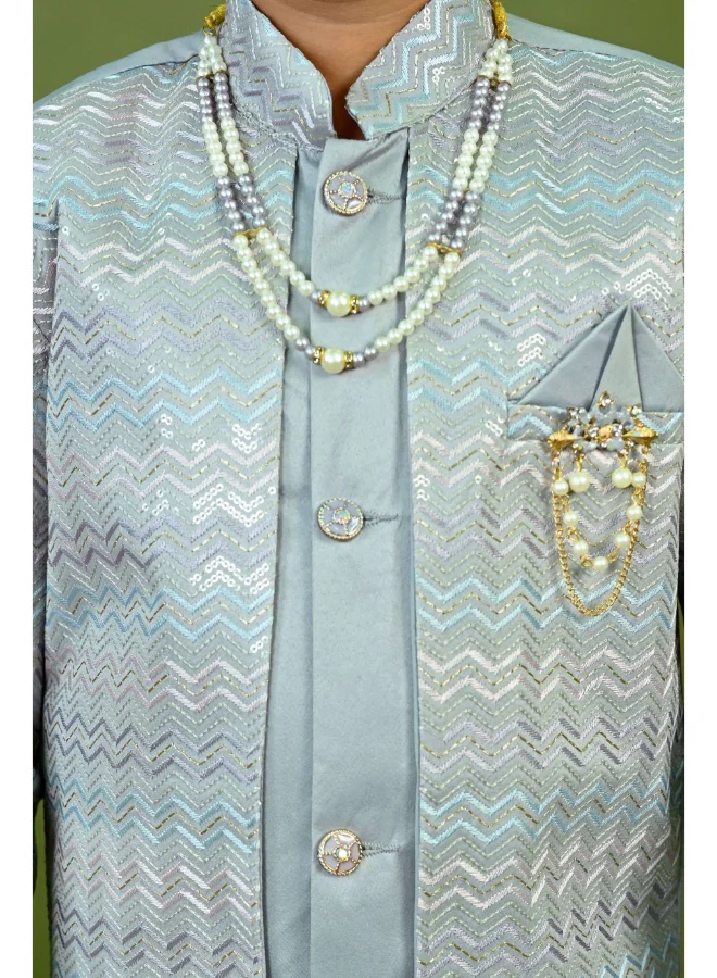 BT DEZINES Grey Satin Sherwani Set for Boys