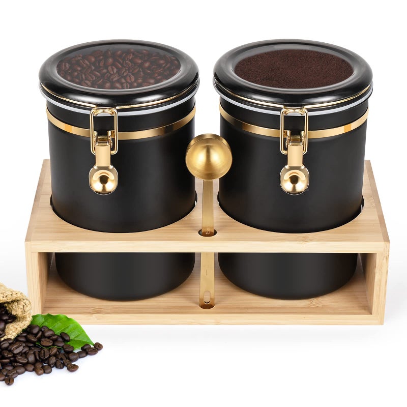 Yangbaga 304 Stainless Steel Coffee Canisters for Ground Coffee2 x 63OZ Coffee Container with Shelf Coffee Bean Storage Food Storage Jar with Gold Airtight Locking Clamp and Spoon for Kitchen
