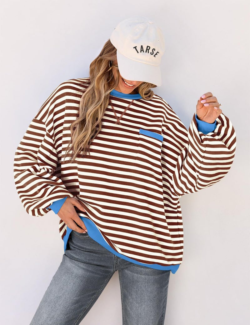 TARSE Women's Striped Crewneck Sweatshirt Long Sleeve Shirt Trendy Tops 2024 Lightweight Pullover Coffee - Image 3