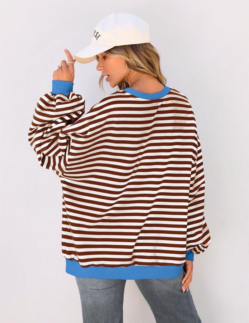 TARSE Women's Striped Crewneck Sweatshirt Long Sleeve Shirt Trendy Tops 2024 Lightweight Pullover Coffee - Image 4