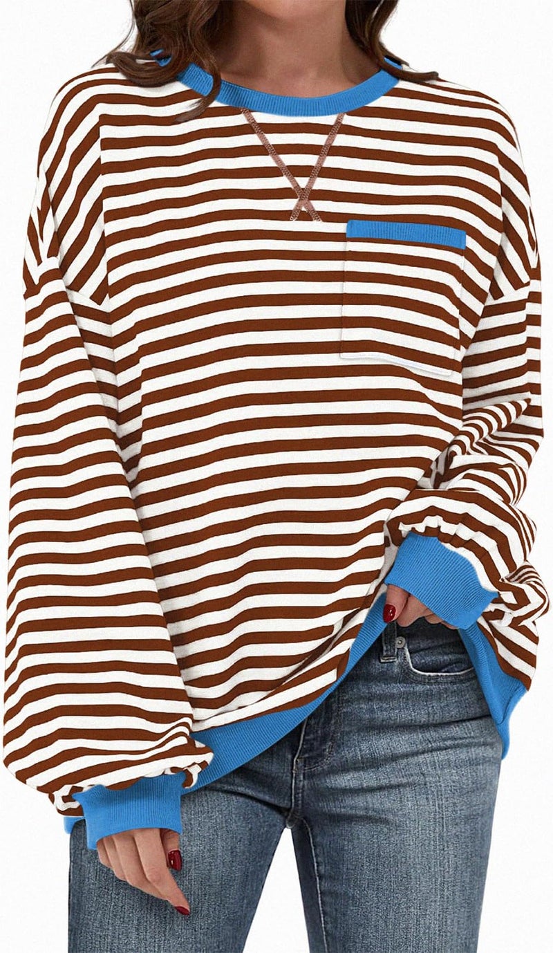 TARSE Women's Striped Crewneck Sweatshirt Long Sleeve Shirt Trendy Tops 2024 Lightweight Pullover Coffee - Image 1