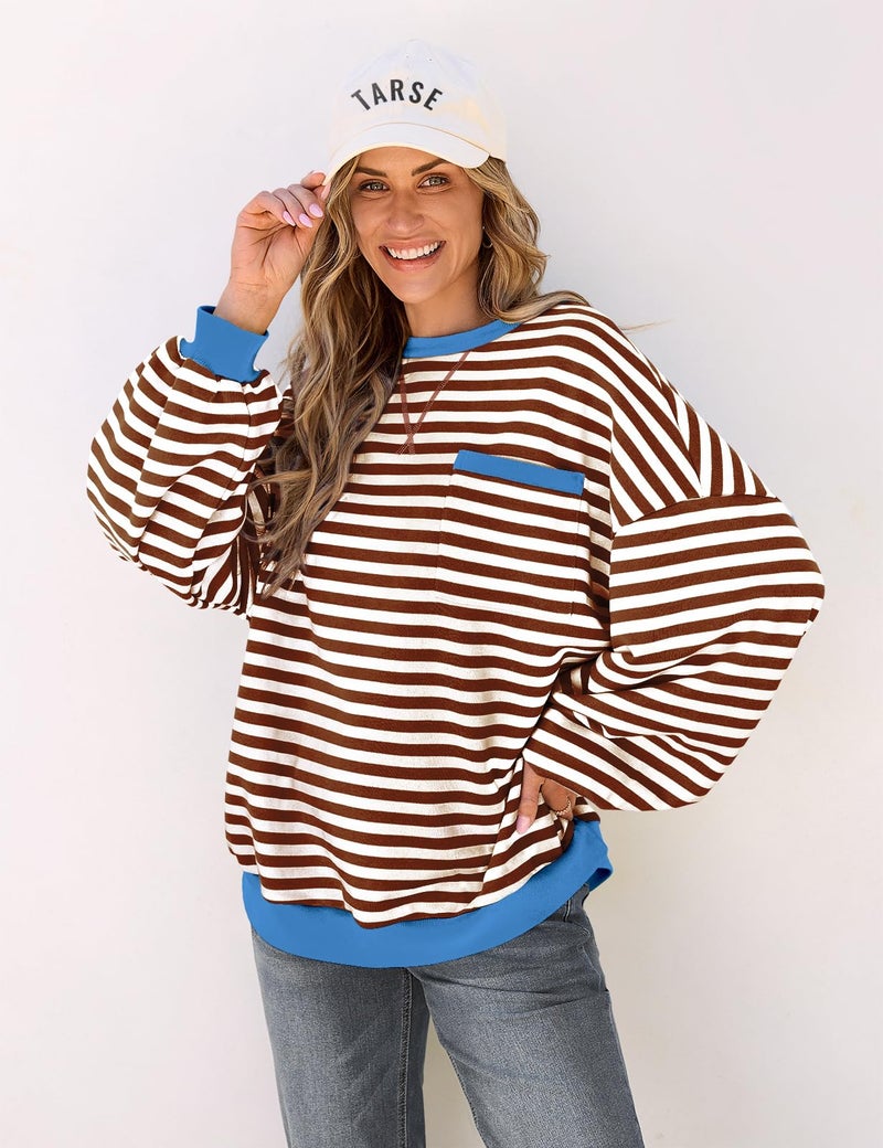TARSE Women's Striped Crewneck Sweatshirt Long Sleeve Shirt Trendy Tops 2024 Lightweight Pullover Coffee - Image 2