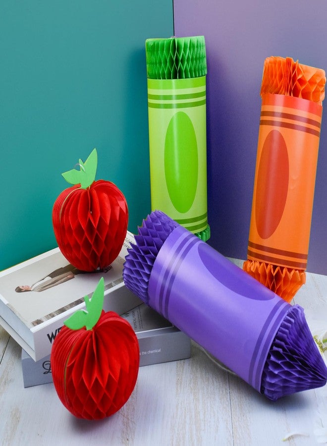 Jeyeou 12Pcs Welcome Back to School Hanging Decorations 6 Crayon Hanging Honeycomb Back to School Classroom Decorations 6 Apple Honeycomb Tissue Paper Centerpieces Ceiling Decor for First Day of School Party - Image 4