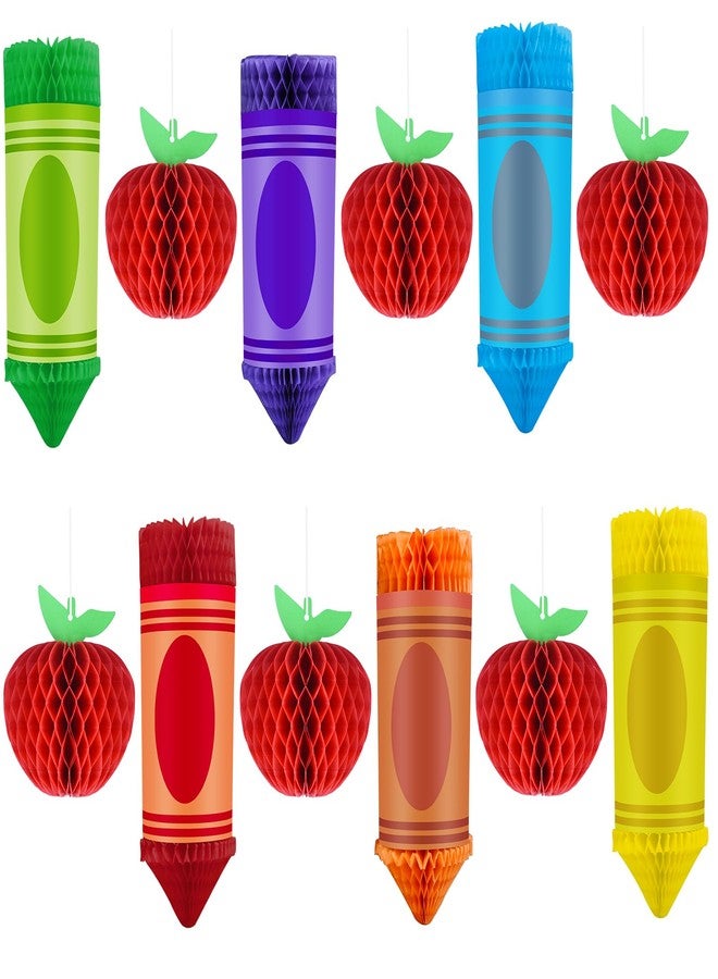 Jeyeou 12Pcs Welcome Back to School Hanging Decorations 6 Crayon Hanging Honeycomb Back to School Classroom Decorations 6 Apple Honeycomb Tissue Paper Centerpieces Ceiling Decor for First Day of School Party - Image 1
