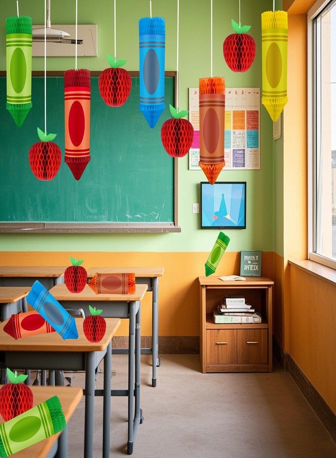 Jeyeou 12Pcs Welcome Back to School Hanging Decorations 6 Crayon Hanging Honeycomb Back to School Classroom Decorations 6 Apple Honeycomb Tissue Paper Centerpieces Ceiling Decor for First Day of School Party - Image 5