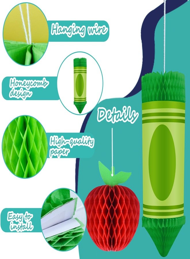Jeyeou 12Pcs Welcome Back to School Hanging Decorations 6 Crayon Hanging Honeycomb Back to School Classroom Decorations 6 Apple Honeycomb Tissue Paper Centerpieces Ceiling Decor for First Day of School Party - Image 3
