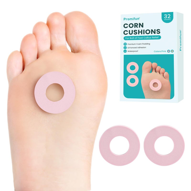 Promifun Callus Cushions for Bottom of Foot - Round Foam Padding with Water-Resistant Self-Stick Adhesive - Corn Cushions for Toes and Feet, Reduce Pain, Pressure and Friction from Shoes (Pink, 32 Count) - Image 1