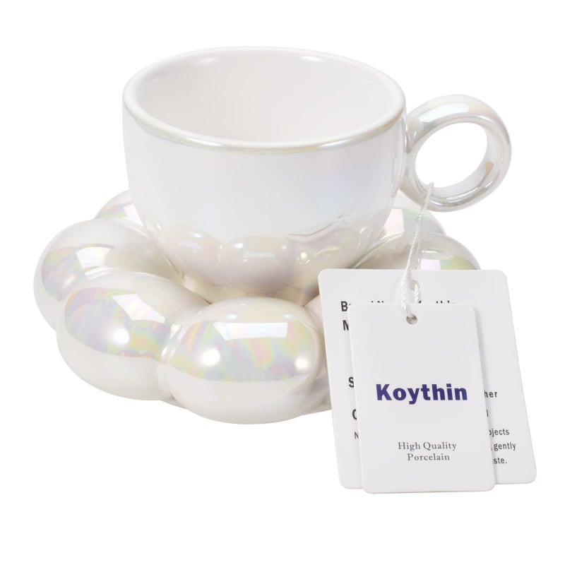 Koythin Ceramic Coffee Mug with Saucer Set Creative Cute Cup with Sunflower Coaster for Office and Home 65 oz200 ml for Tea Latte Milk Pearl White