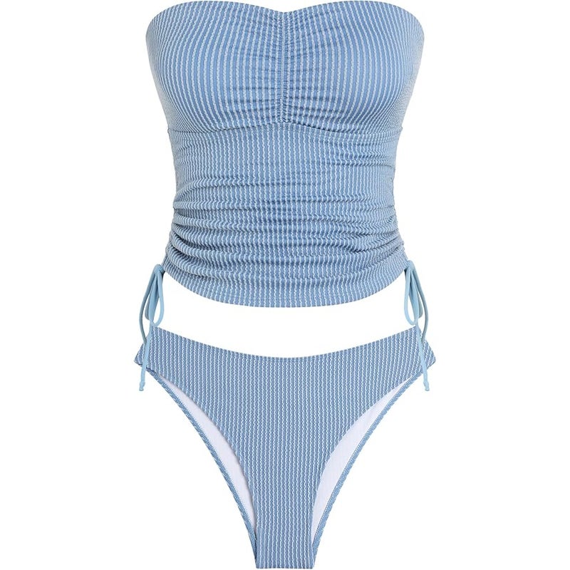 ZAFUL Women's Bandeau Tankini Swimsuit Asymmetrical Slit Bowknot String High Cut Fairyland Cheeky Bathing Suit, 6-stripe-blue, M - Image 3