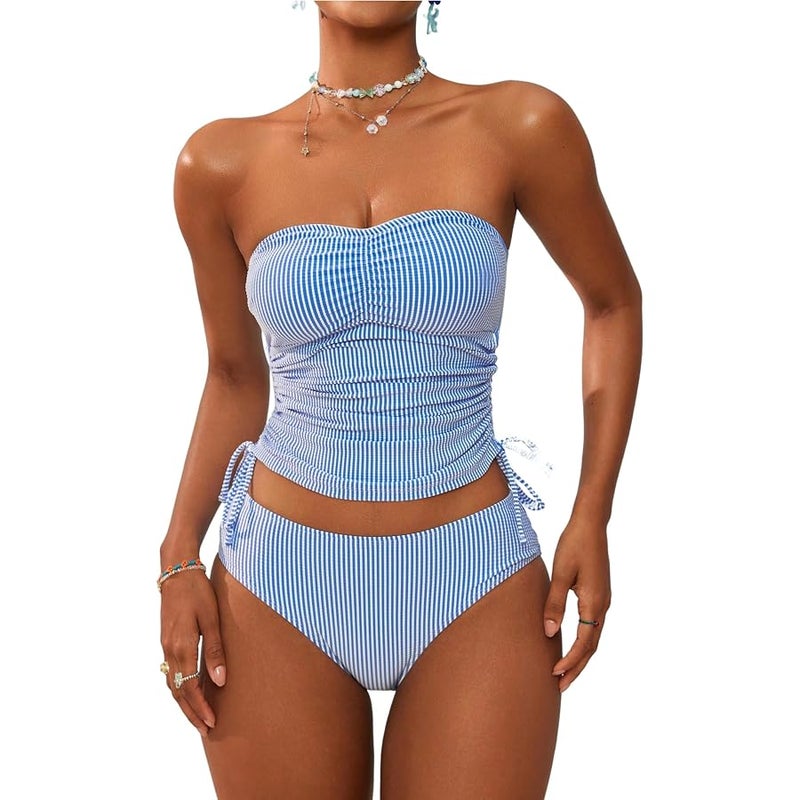 ZAFUL Women's Bandeau Tankini Swimsuit Asymmetrical Slit Bowknot String High Cut Fairyland Cheeky Bathing Suit, 6-stripe-blue, M - Image 1