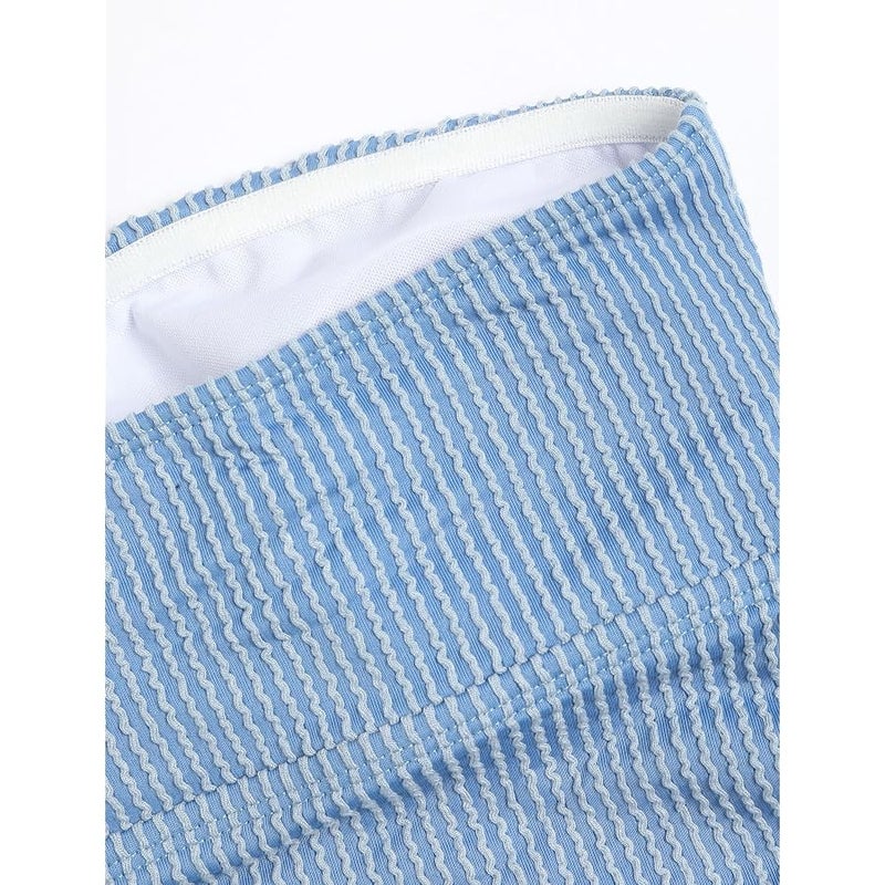 ZAFUL Women's Bandeau Tankini Swimsuit Asymmetrical Slit Bowknot String High Cut Fairyland Cheeky Bathing Suit, 6-stripe-blue, M - Image 5
