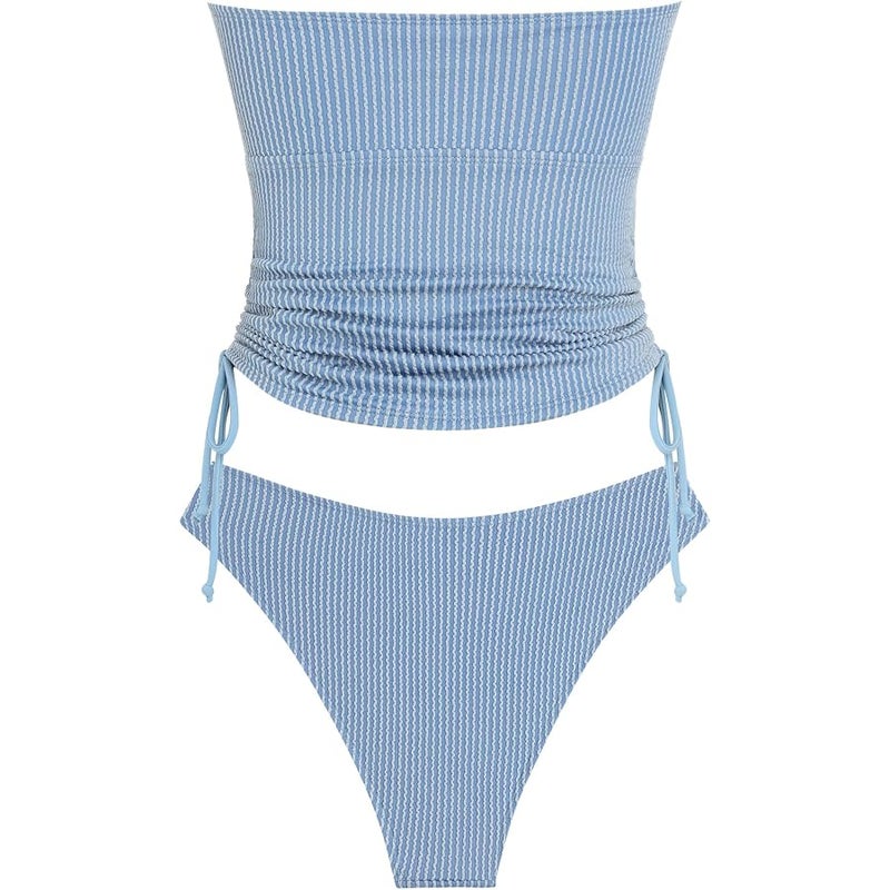 ZAFUL Women's Bandeau Tankini Swimsuit Asymmetrical Slit Bowknot String High Cut Fairyland Cheeky Bathing Suit, 6-stripe-blue, M - Image 4