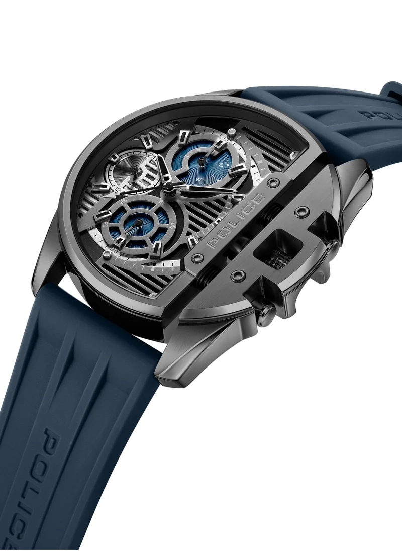 POLICE Daintree Men's 48mm Multifunction Watch with Semi-circle Black & Blue Textured Dial, Silicone Strap