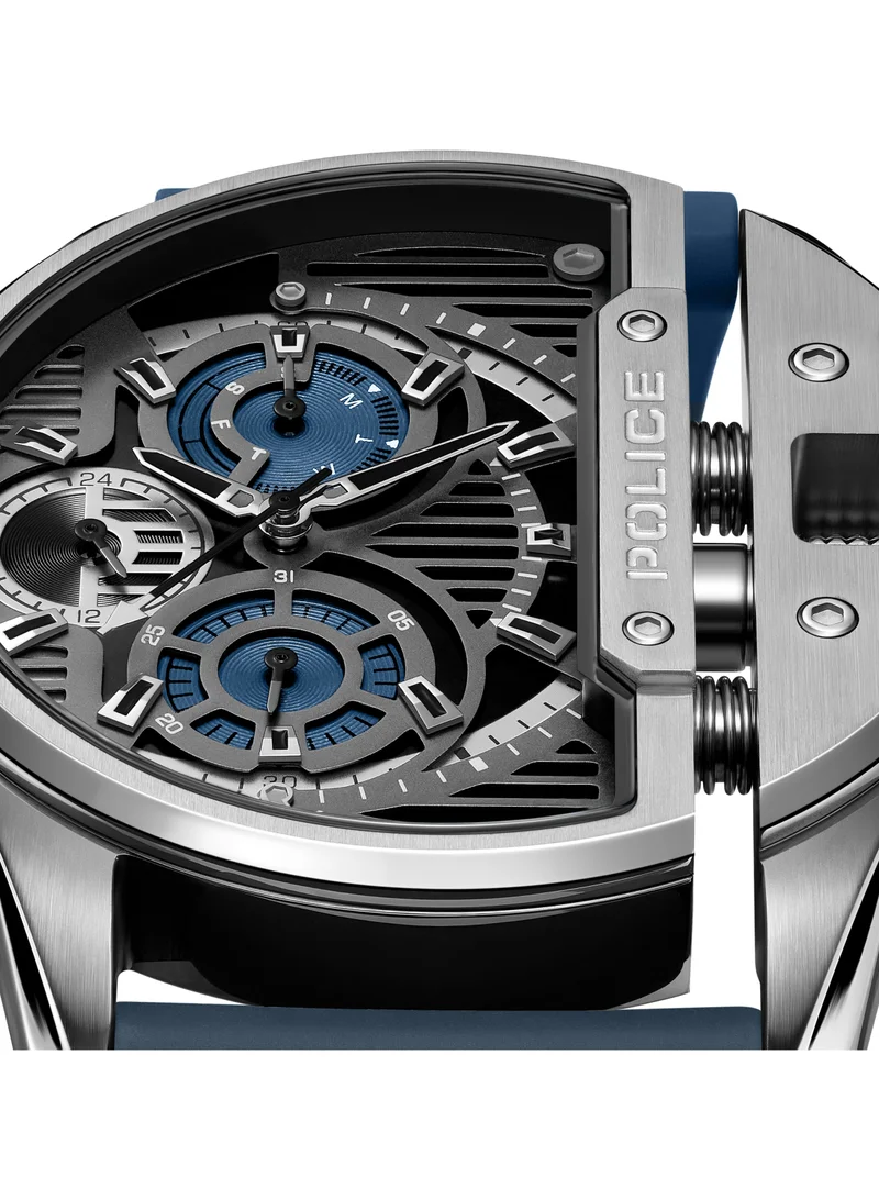 POLICE Daintree Men's 48mm Multifunction Watch with Semi-circle Black & Blue Textured Dial, Silicone Strap