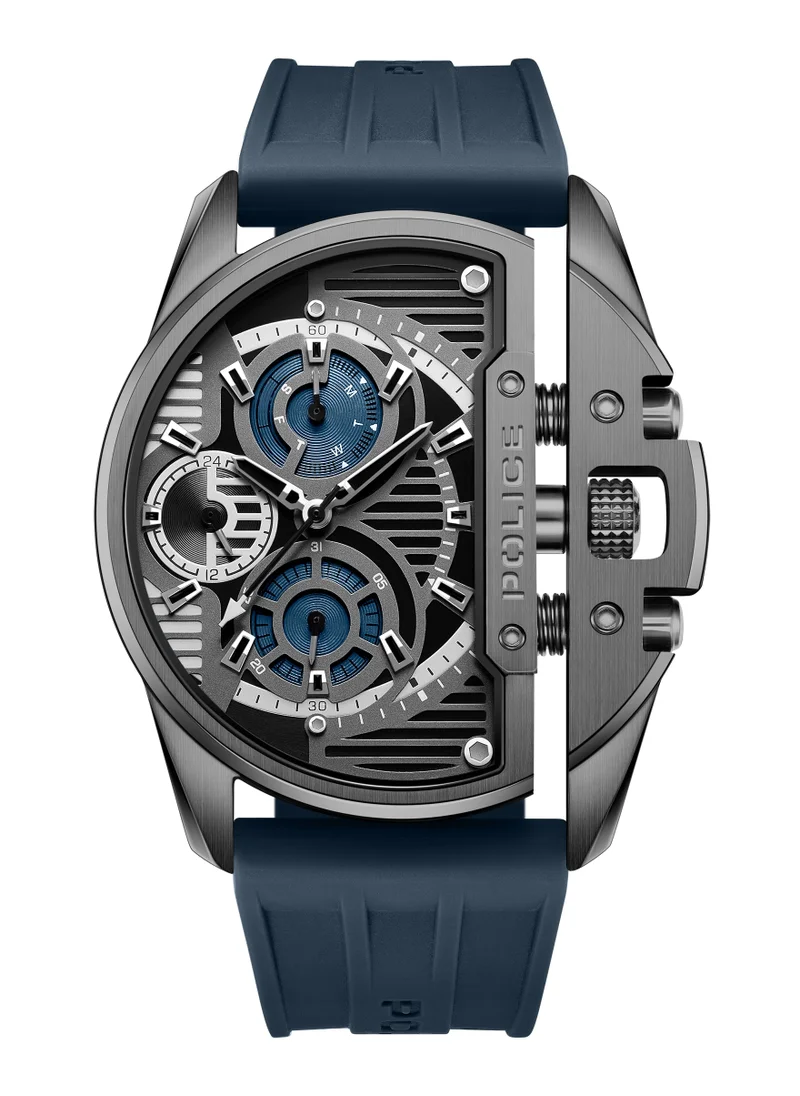 POLICE Daintree Men's 48mm Multifunction Watch with Semi-circle Black & Blue Textured Dial, Silicone Strap