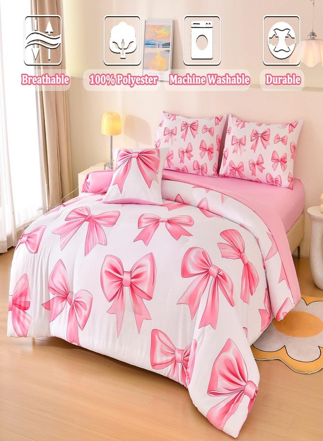 Tasselily 6 Pcs Bed in A Bag Full Comforter Set for Girls,Pink Bow Bedding,Bow Comforter Sets with Sheets for Kids - Image 3