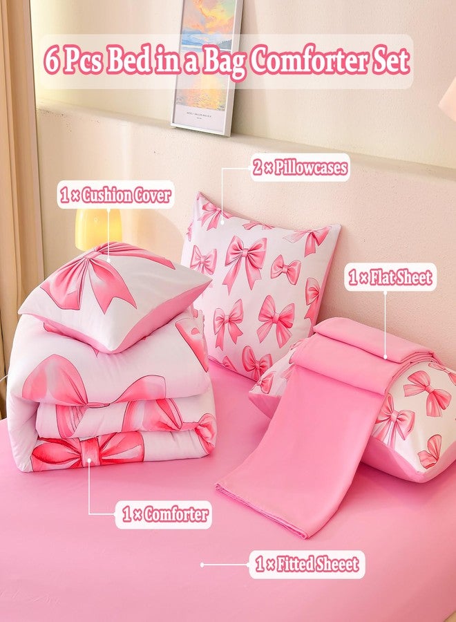 Tasselily 6 Pcs Bed in A Bag Full Comforter Set for Girls,Pink Bow Bedding,Bow Comforter Sets with Sheets for Kids - Image 2